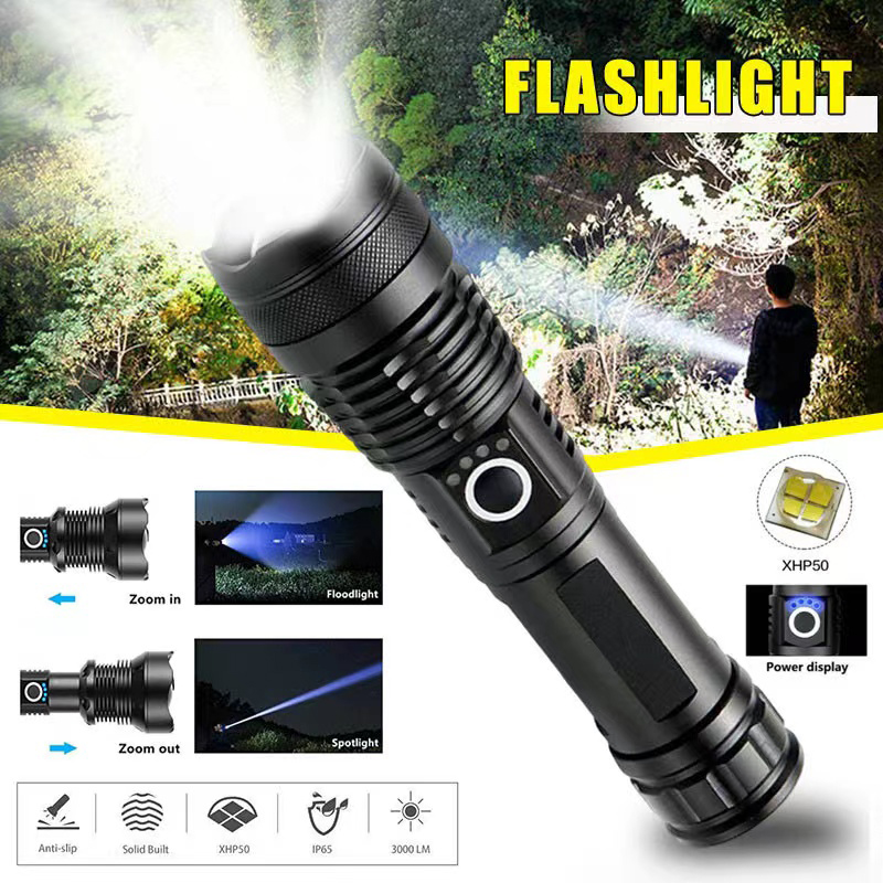 Outdoor Lighting Bollards - High Power XHP70 Led Flashlight USB-C